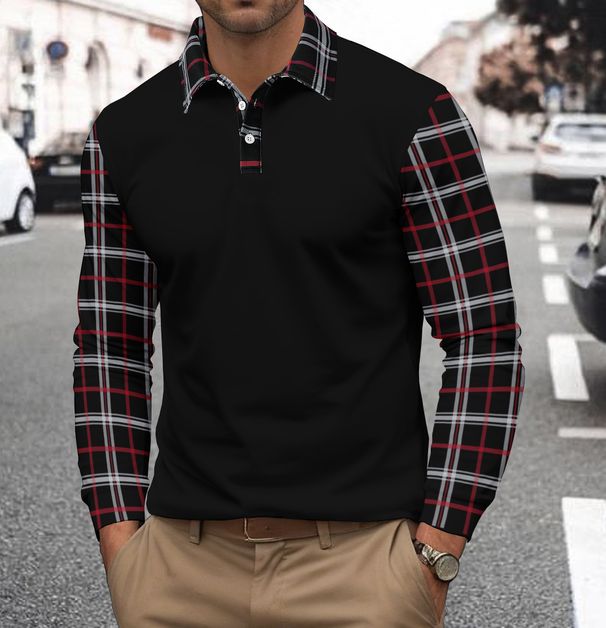 Men's Plaid Color Block Polo Shirt – Breathable Polyester, Streetwear Style, Slim Fit For Casual & Urban Fashion_viptrois.com