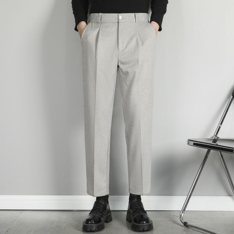 Men's Thick Brushed Woolen Suit Trousers Casual Cropped Straight Leg Autumn Winter Drapey Pants_viptrois.com