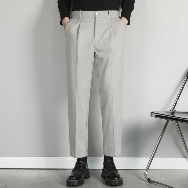 Men's Thick Brushed Woolen Suit Trousers Casual Cropped Straight Leg Autumn Winter Drapey Pants_viptrois.com