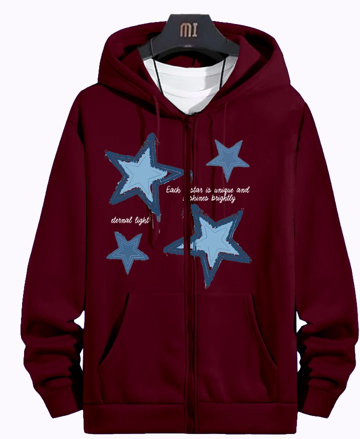 Men's Clothing Men's Star Print Zip-Up Hoodie - Casual Fleece-Lined Jacket With Contrast Stitching Fashion Trends_viptrois.com