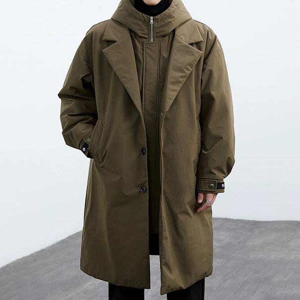 Men’s Fashion Long-Length Parka Coat, Detachable Hood Windbreaker With Faux Two-Piece Design, Water-Resistant Polyester Shell_viptrois.com