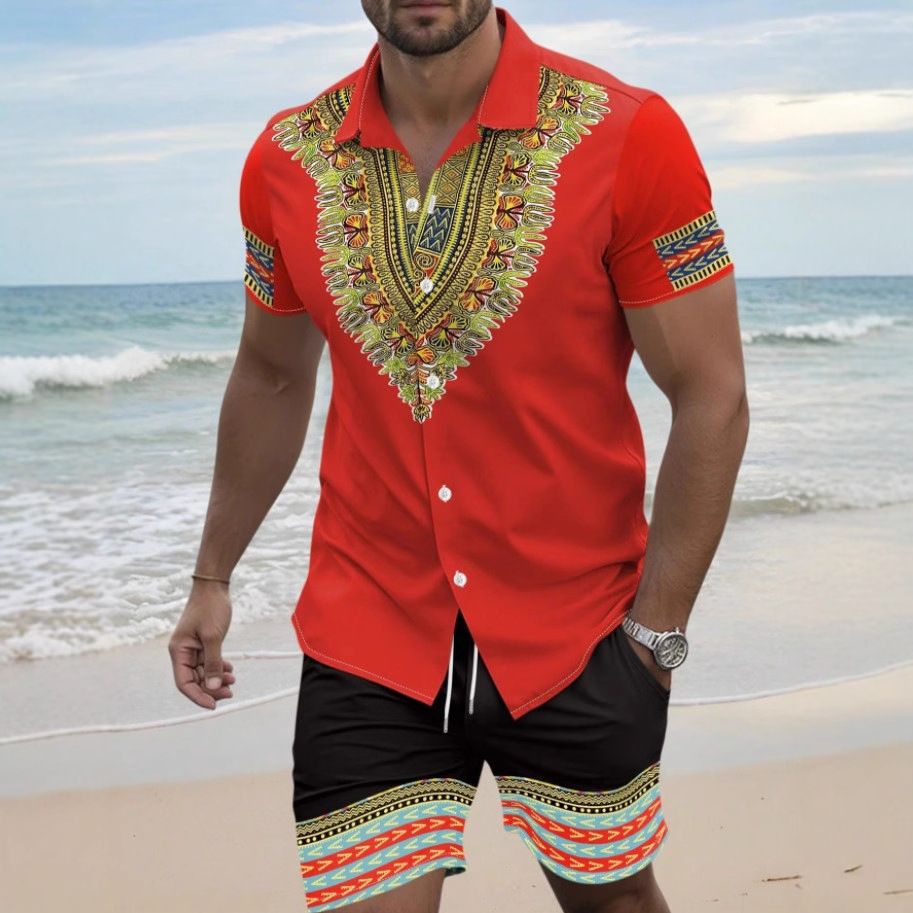 Men's Summer Vacation Trendy 3D Printing Hawaiian Men's Short Sleeved Shirt Shorts Suit_viptrois.com