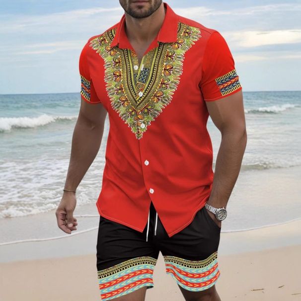 Men's Summer Vacation Trendy 3D Printing Hawaiian Men's Short Sleeved Shirt Shorts Suit_viptrois.com