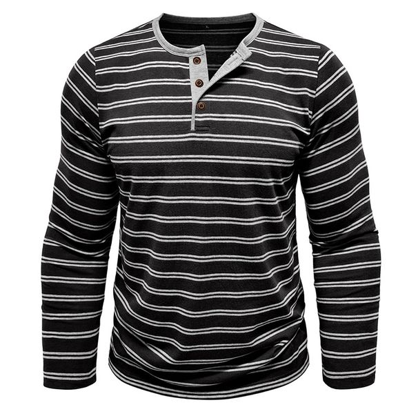 Men's Long Sleeve Henley Shirt – Vintage Striped Cotton Blend Tee With 3-Button Placket (Breathable Mid-Weight Fabric)_viptrois.com