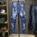 Jeans Pendant Refreshing Light Blue Destructive Paint Wild Exposed Yarn Slim Fitting And Trendy Man_viptrois.com