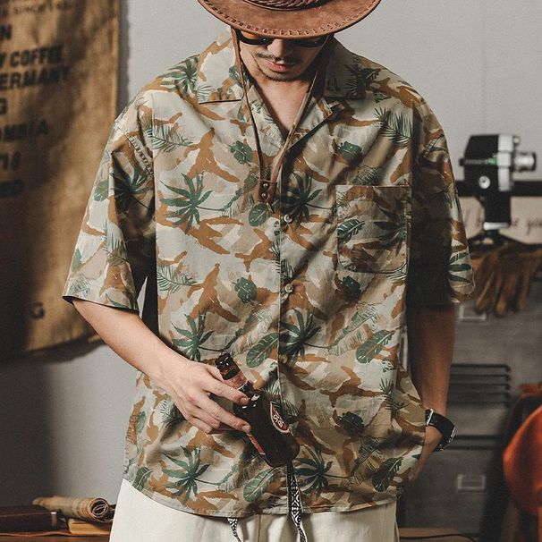 Men's Clothing Retro Classic Cuban Collar Shirt Men's Short Sleeve Summer New Style Ice Silk Hawaiian Beach Shirt_viptrois.com