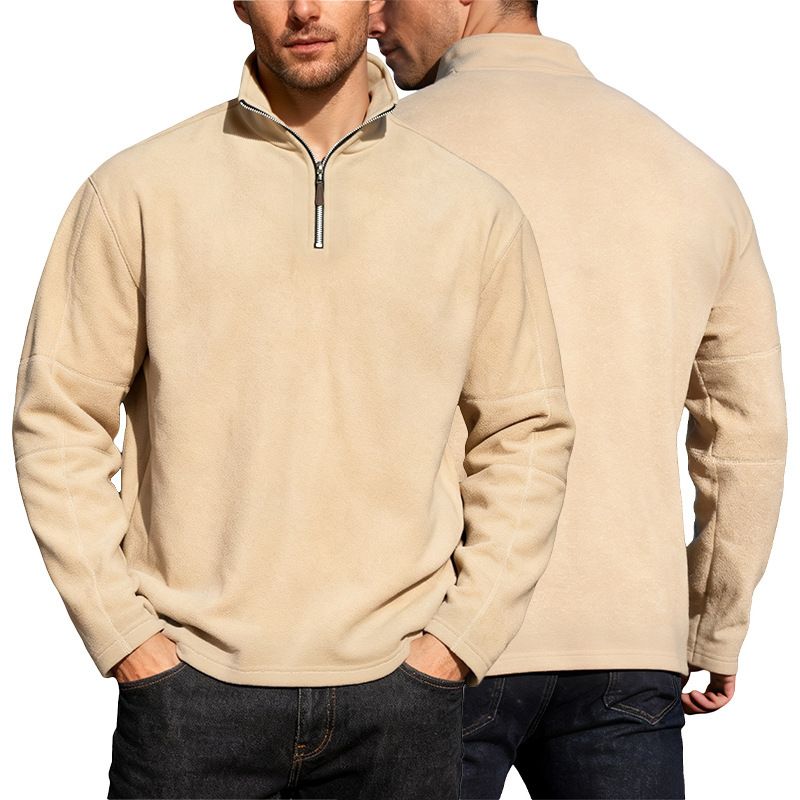Men's Fleece Half-Zip Stand Collar Long Sleeve Sweatshirt - Winter Warm Pullover For Casual & Outdoor (Khaki, Dark Gray, Black, Coffee, Navy)_viptrois.com