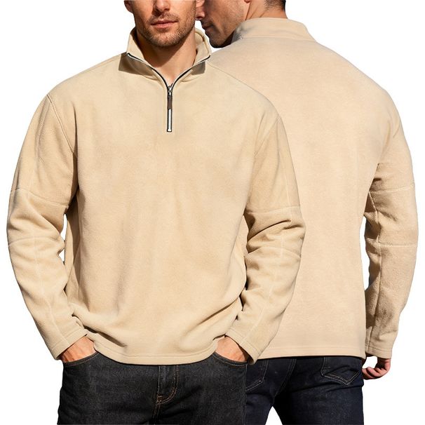 Men's Fleece Half-Zip Stand Collar Long Sleeve Sweatshirt - Winter Warm Pullover For Casual & Outdoor (Khaki, Dark Gray, Black, Coffee, Navy)_viptrois.com