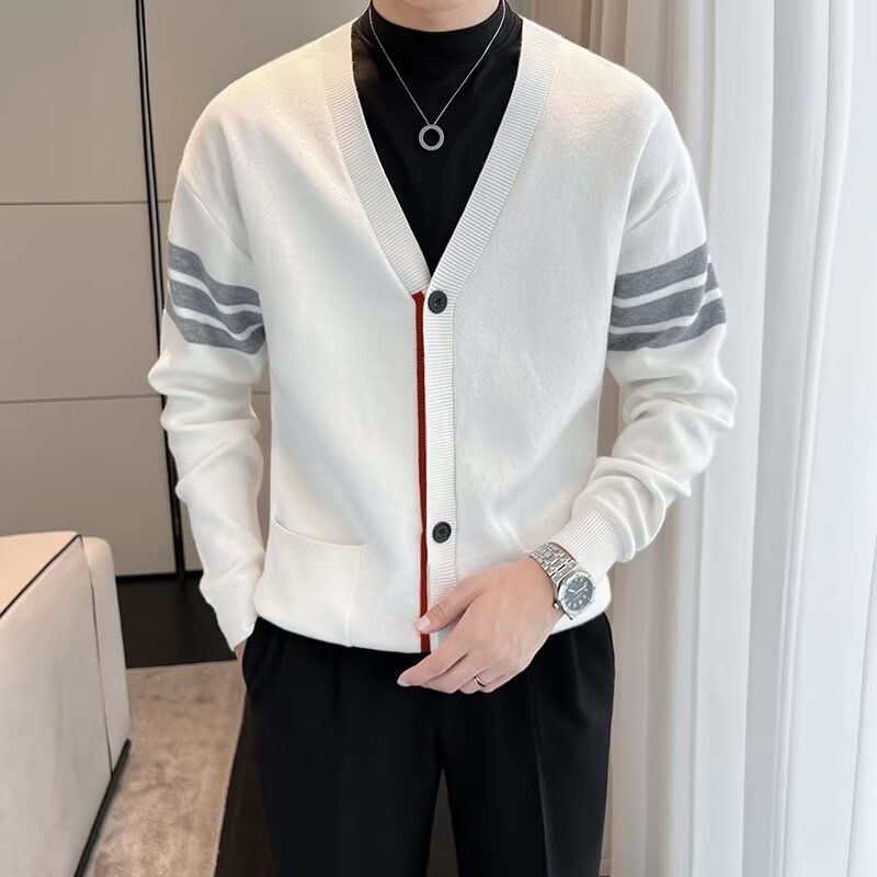 New Cardigan V-neck Knitted Sweater Men's Striped Slim Fit Business Line Jacket_viptrois.com