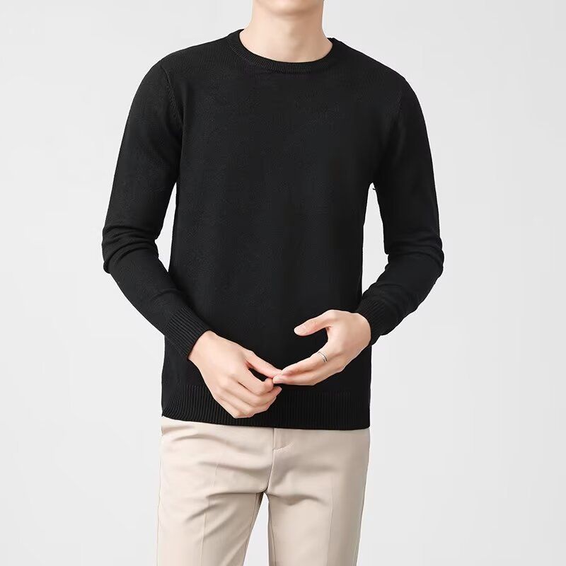 Loose Solid Color Pullover Long Sleeved Sweater Men's Base Shirt Round Neck Inner Knit Sweater_viptrois.com