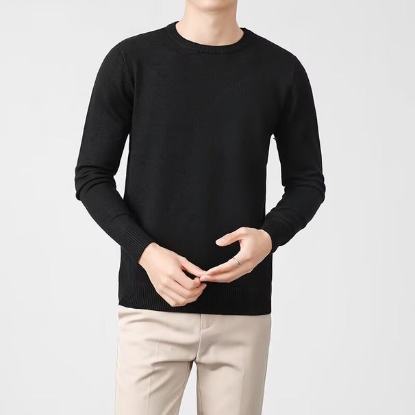 Loose Solid Color Pullover Long Sleeved Sweater Men's Base Shirt Round Neck Inner Knit Sweater_viptrois.com