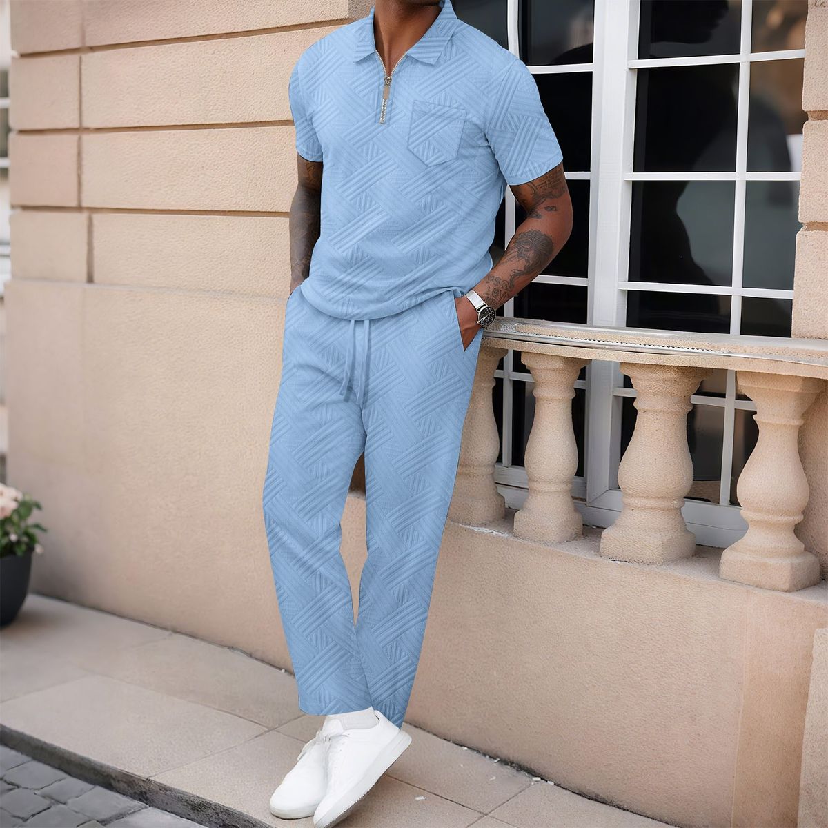 Men's Solid Color Jacquard Pocket Lapel Half Zipper Short Sleeved Trousers Two Sets_viptrois.com