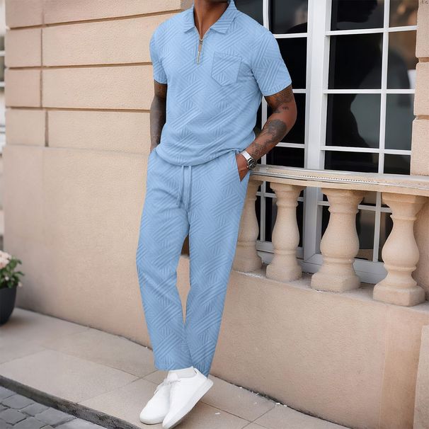 Men's Solid Color Jacquard Pocket Lapel Half Zipper Short Sleeved Trousers Two Sets_viptrois.com