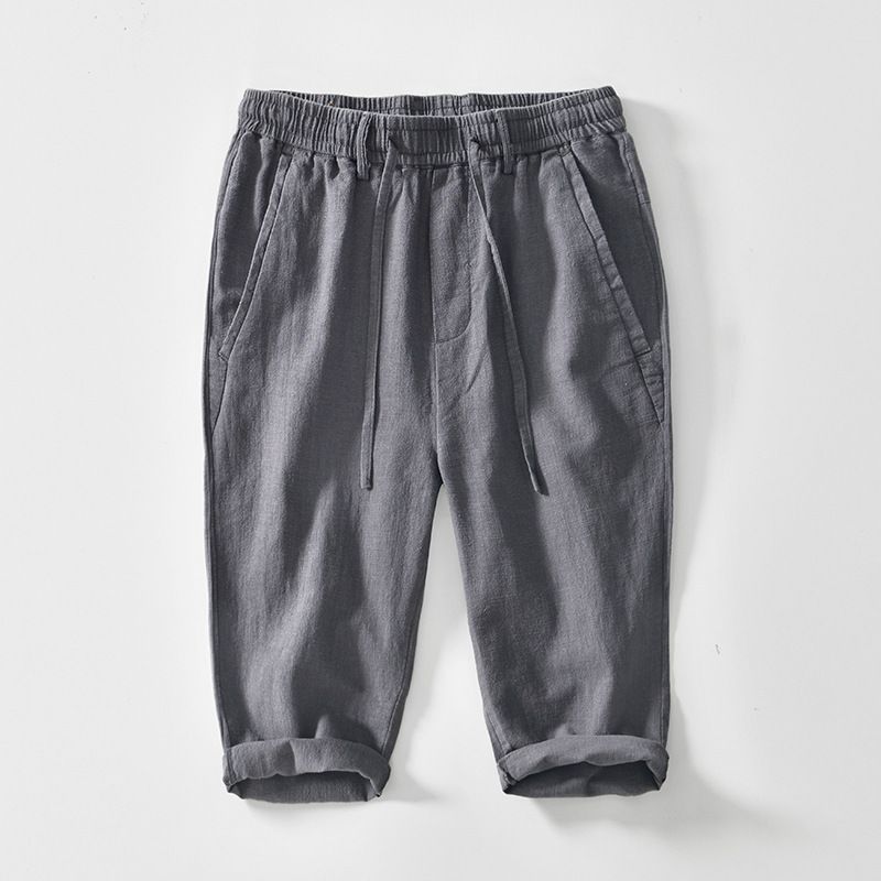 Men's Clothing Retro Elastic Waist Ramie Straight Cotton And Linen Casual Pants Versatile Loose Cropped Pants For Men_viptrois.com