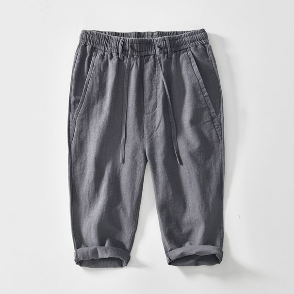 Men's Clothing Retro Elastic Waist Ramie Straight Cotton And Linen Casual Pants Versatile Loose Cropped Pants For Men_viptrois.com
