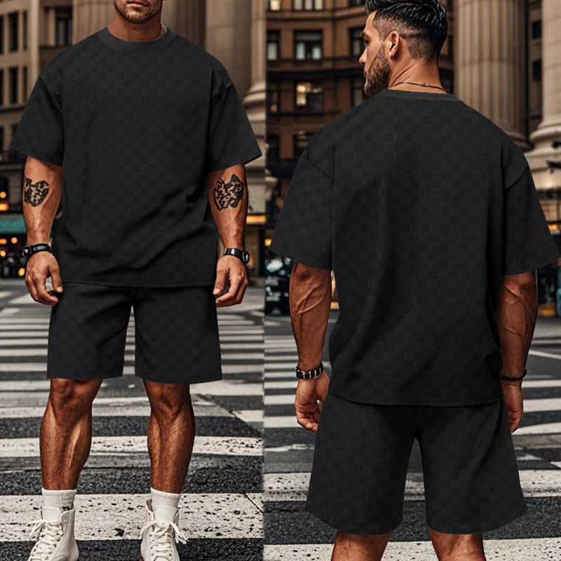 Men's Clothing Men's Summer New Jacquard Plaid Short Sleeved T Shirt Loose Large Size Straight Casual Shorts Suit_viptrois.com