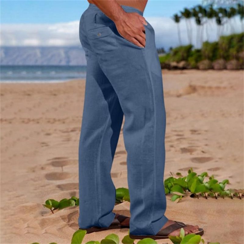 Men's Clothing Men's Cotton And Linen Outdoor Daily Solid Color Drawstring Multi Pocket Loose Straight Trousers_viptrois.com