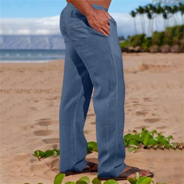 Men's Clothing Men's Cotton And Linen Outdoor Daily Solid Color Drawstring Multi Pocket Loose Straight Trousers_viptrois.com