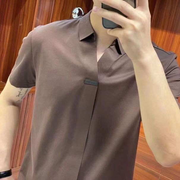 boy 2023 Summer Men's New V-Neck Short T-Shirt Business Casual Stylish Versatile Fashion Solid Color Turn-Down Collar Half_viptrois.com