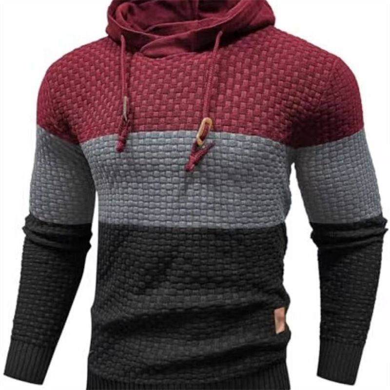 Men's Jacquard Hooded Sweatshirt | Color-Block Pullover With Fleece Lining | Autumn Streetwear Essential (Wine Red, Army Green, Navy,)_viptrois.com