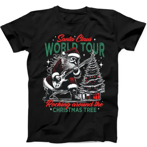 Christmas Santa Claus Playing Guitar World Tour Funny Gift Black T Shirt Mens Womens Tees Top 258_viptrois.com