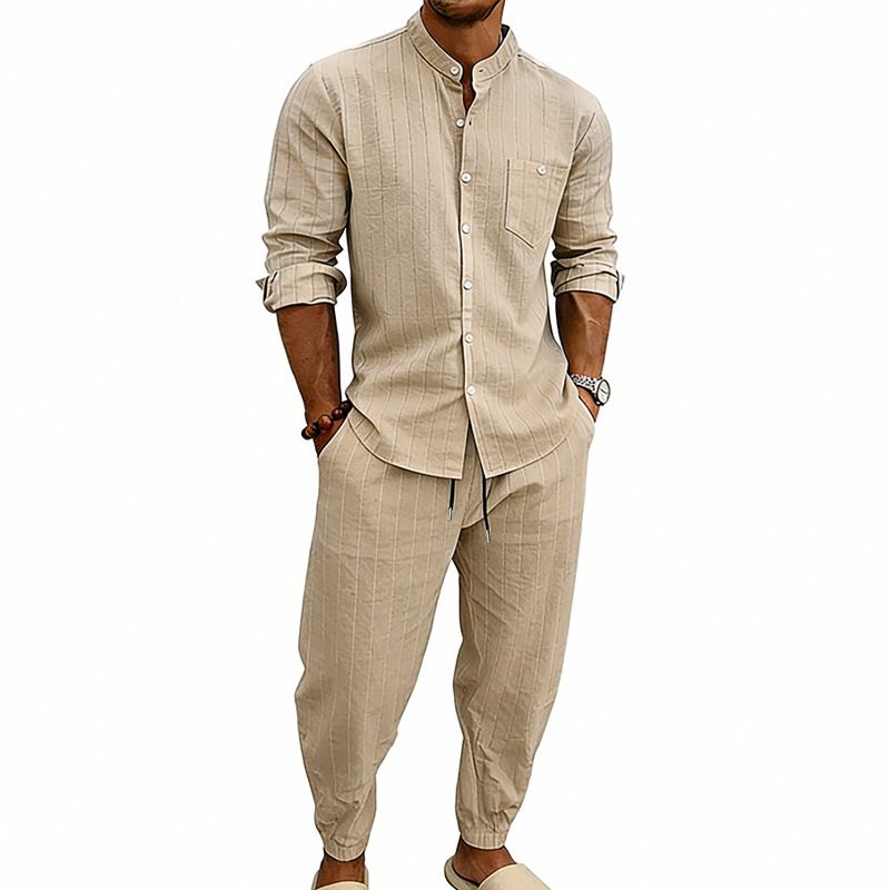 Men's Linen Blend Casual Shirt & Pants Set | Breathable Jacquard Stripe Loose Fit Loungewear For Spring Summer_viptrois.com