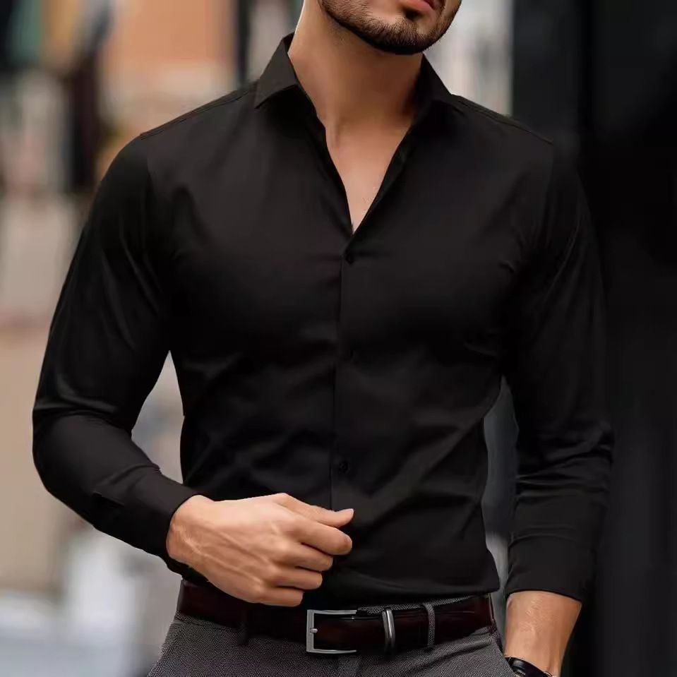 Men's Clothing Men's Business Lapel Shirt Solid Color Long Sleeved Casual Shirt Non Iron Suit Shirt_viptrois.com
