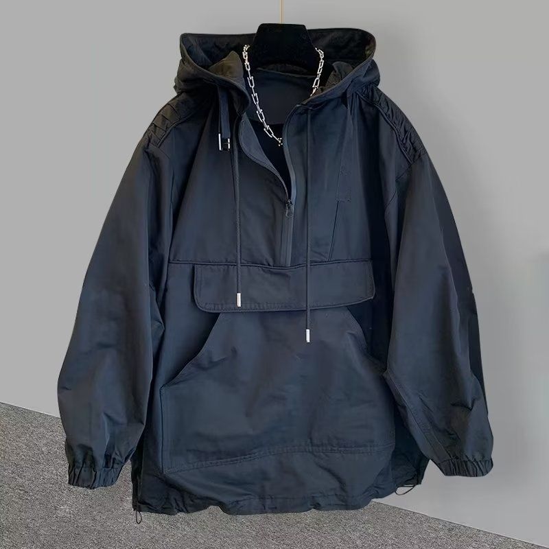Streetwear Hooded Windbreaker – Unisex Lightweight Utility Jacket With Raw Edge Detailing (M-3XL, Zippered Pockets, Adjustable Cuffs)_viptrois.com