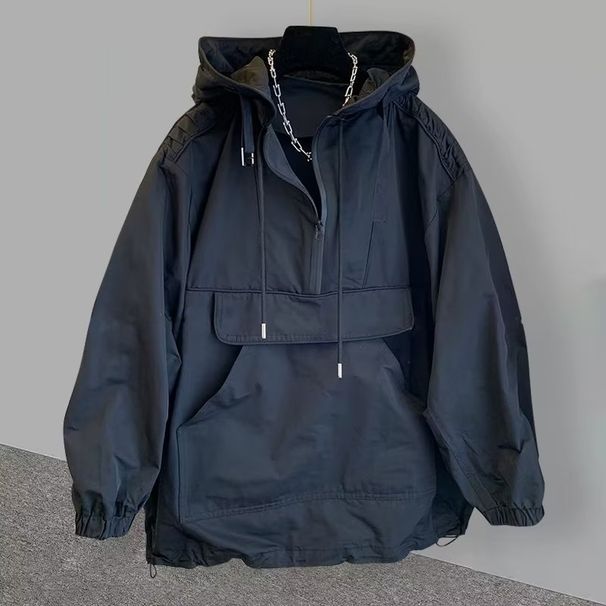 Streetwear Hooded Windbreaker – Unisex Lightweight Utility Jacket With Raw Edge Detailing (M-3XL, Zippered Pockets, Adjustable Cuffs)_viptrois.com