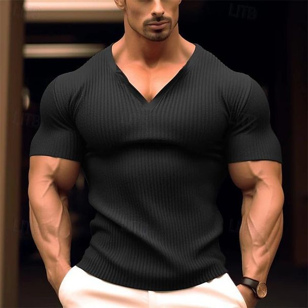 Men's Summer Sports Fitness Casual Solid Color V-Neck Short Sleeve T-Shirt_viptrois.com