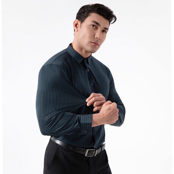 Camisa A Rayas De Alta Elasticidad Para Hombre, Cárdigan De Botones Antiarrugas De Manga Larga Con Líneas Verticales, Elegante Y Versátil_viptrois.com
