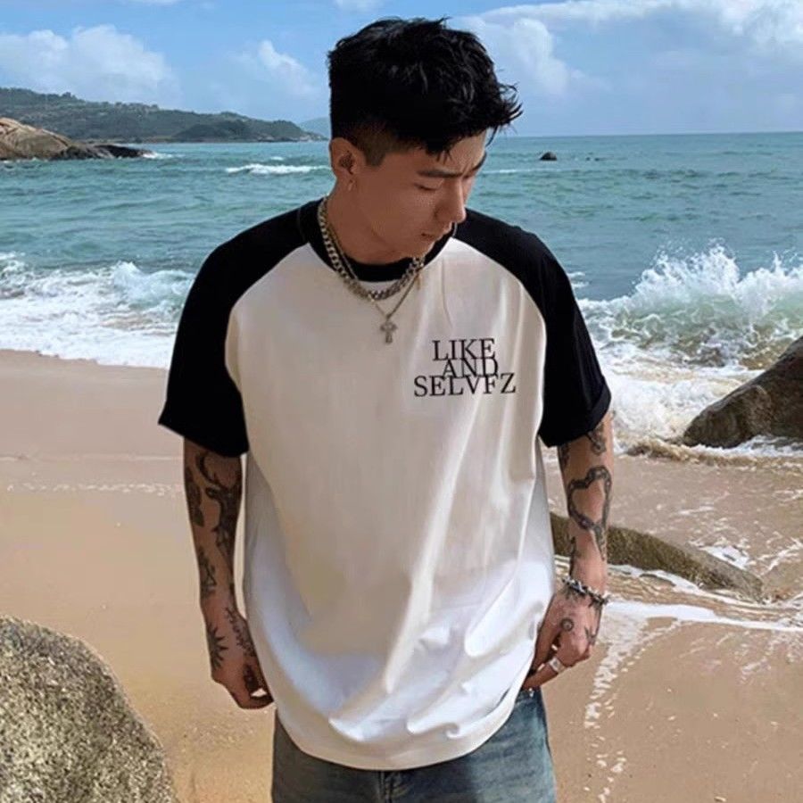 American Fashion Brand Contrasting Short T-shirt For Men, Loose Summer High Street, Ure Cotton Slicing Half Sleeved_viptrois.com