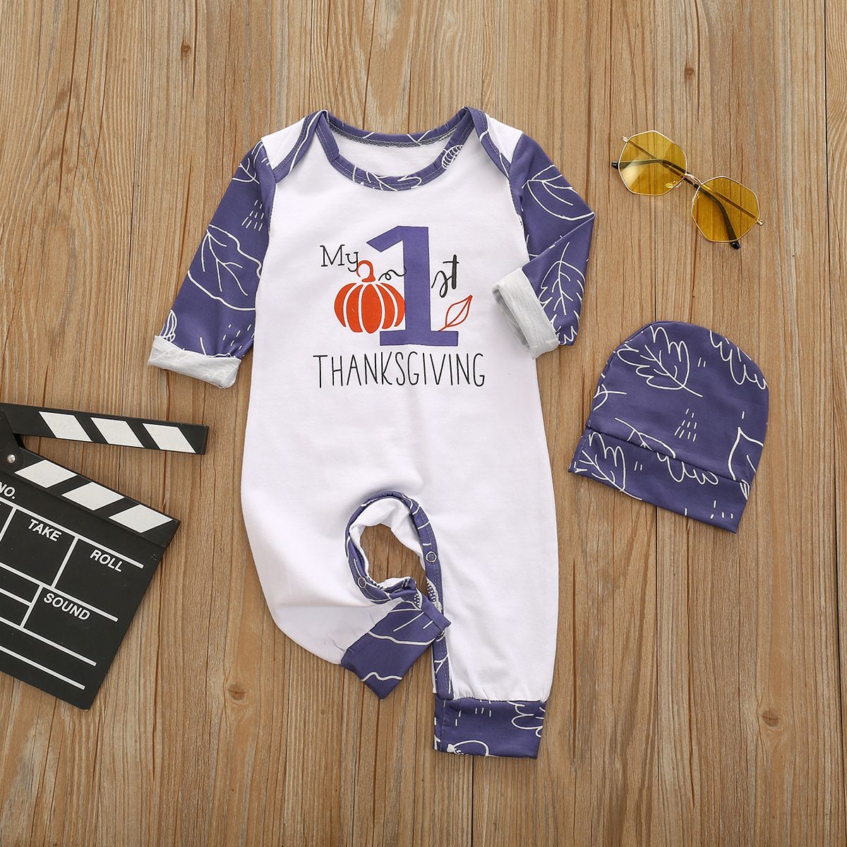 New letter printed long sleeved jumpsuit and hat two-piece set for boys on Thanksgiving_viptrois.com