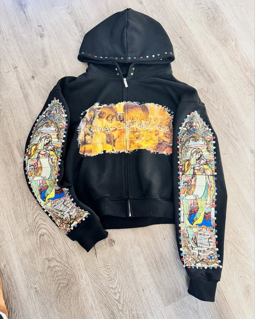 2025 New Trendy Street Style Loose Hooded Saintess Print Sweatshirt Autumn Winter Zipper Jacket Top_viptrois.com