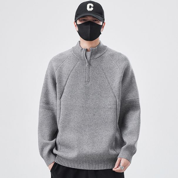 Half Turtleneck Zipper Sweater Men Autumn Winter 2025 New Loose Pullover Solid Color Base Knitwear Men's Trendy_viptrois.com