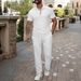 Men's Clothing New Men's Solid Color Jacquard Lapel Button Short Sleeved Polo Shirt Trousers Casual Suit_viptrois.com