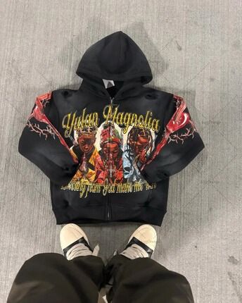 2025 New Cardigan Street Hip-Hop Foreign Child Print Black Zipper Sweatshirt Women's Jacket_viptrois.com