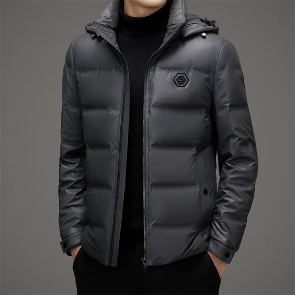 Short Jacket PU Leather Thickened Men's Casual Trendy Detachable Hood White Duck Down Winter Warm_viptrois.com