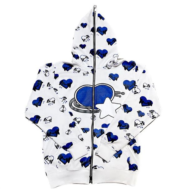 Men's Clothing Street Style New Trend Cartoon Print Full Zipper Unisex Loose Pullover With Fur Sweatshirt_viptrois.com