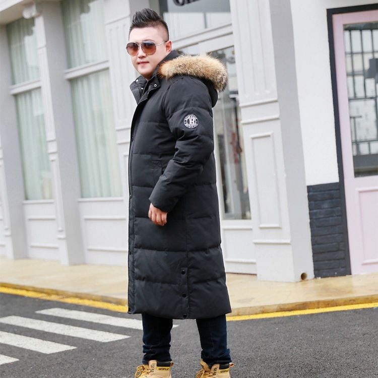 Men's Clothing Extra Long Down Coat For Big & Tall, 700 Fill Power White Duck Down, Waterproof Winter Jacket With Fox Fur Collar, Black & Grey_viptrois.com