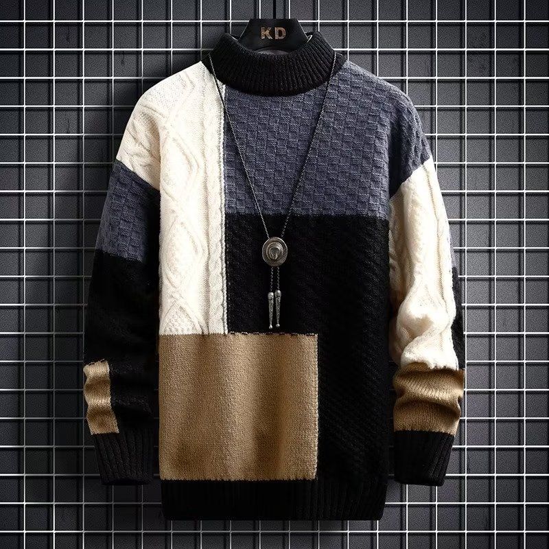 2025 Sweater Men's Autumn And Winter Japanese Thickened Splicing Korean Version Of Trendy Sweater Bottoming Knitted Sweater Men's_viptrois.com