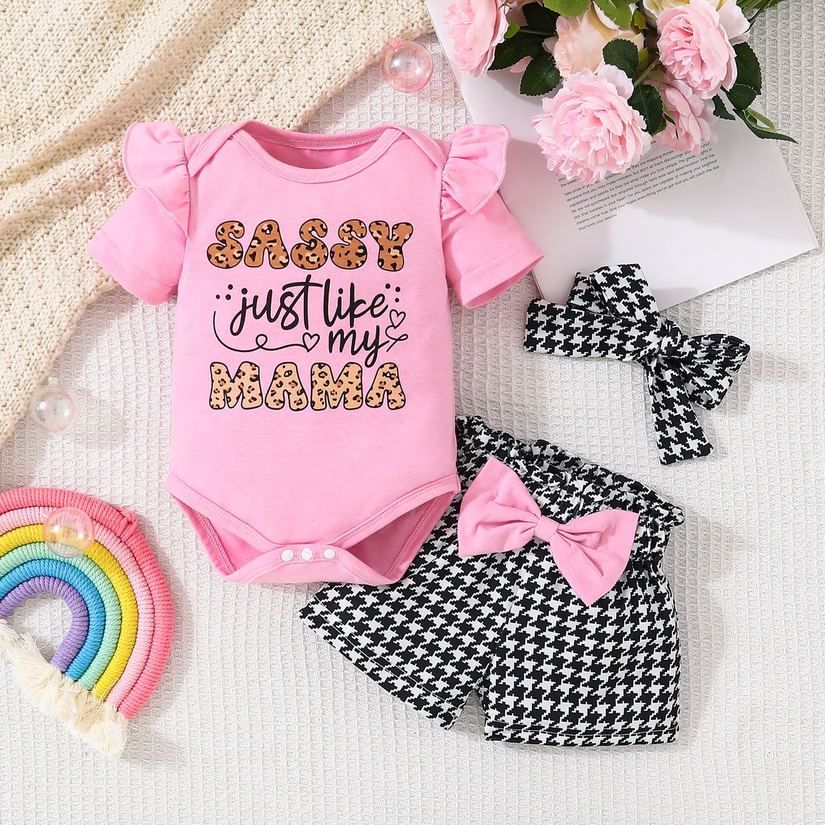 Baby Girls Cute Letter Print Short Sleeve Ladies Dress And Houndstooth Shorts And Bandana Set 3 Piece Set_viptrois.com