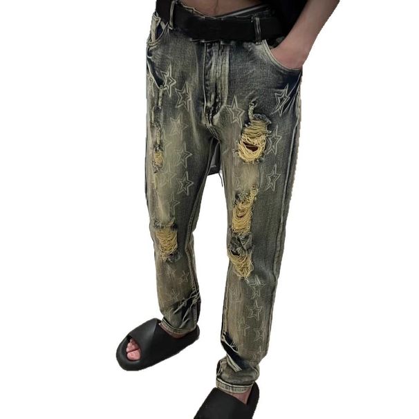 2025 New Five-Pointed Star Fahion Peronality Ditreed Patch Slim Fit Elegant Jean For Men Slimming Long Skinny_viptrois.com