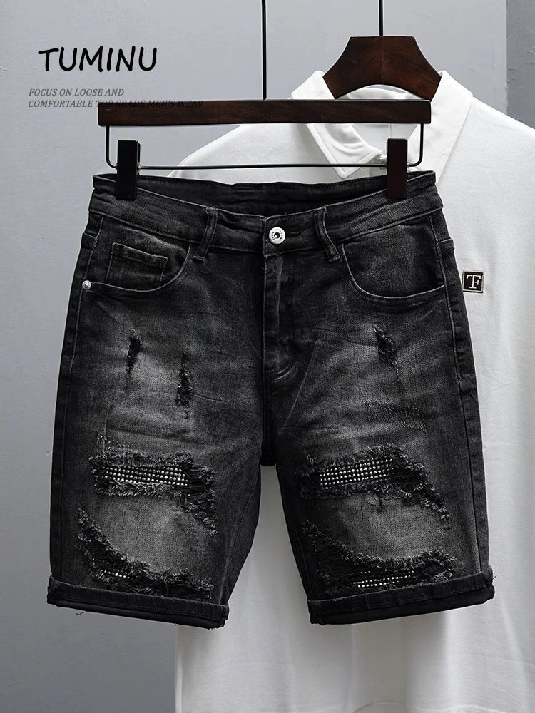 Men's Clothing Denim Shorts Men's Trendy Brand Summer Thin Style Net Celebrity Old Scratched Holes Beggar Shorts Trendy Versatile Shorts_viptrois.com