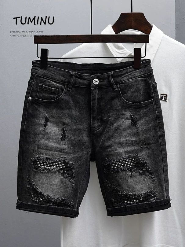 Men's Clothing Denim Shorts Men's Trendy Brand Summer Thin Style Net Celebrity Old Scratched Holes Beggar Shorts Trendy Versatile Shorts_viptrois.com