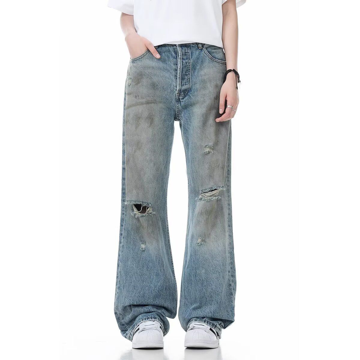 Distressed Washed High-Street Straight Jeans With Tie-Dye & Ripped Details – Urban Grunge Style For Men_viptrois.com