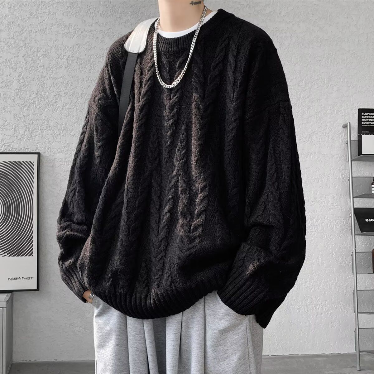 Japanese-Inspired Cable Knit Sweater – Minimalist Harajuku Style Pullover (Grey/Black/Blue/White, M-3XL)_viptrois.com