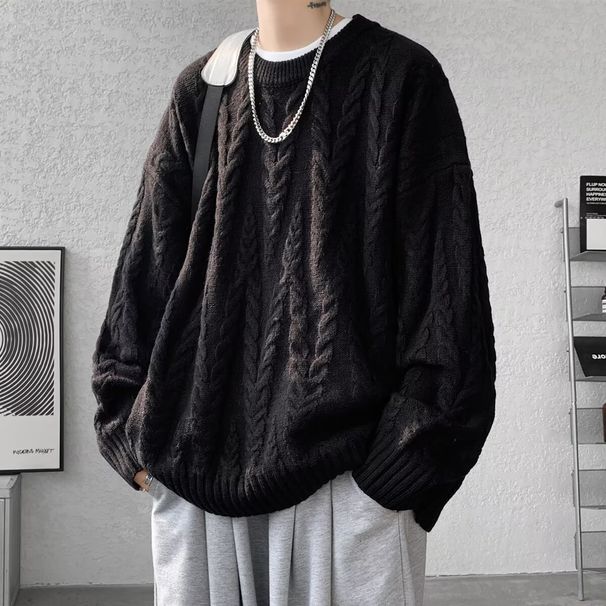 Japanese-Inspired Cable Knit Sweater – Minimalist Harajuku Style Pullover (Grey/Black/Blue/White, M-3XL)_viptrois.com