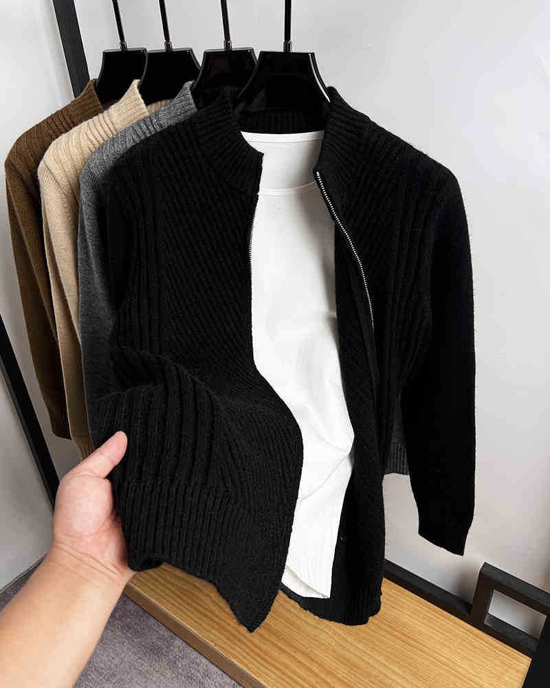 Men's Solid Color Knit Cardigan - Winter Thick Sweater Jacket With Stand Collar, Casual Pullover For Autumn & Spring_viptrois.com