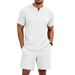 Men's Retro Short Sleeve Henley & Shorts Set, Breathable Jacquard Knit Two-Piece Outfit For Casual Summer Style_viptrois.com